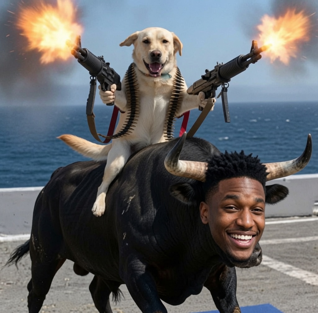 CHOPDOG riding a bull on a carrier deck in a fictional meme scene.