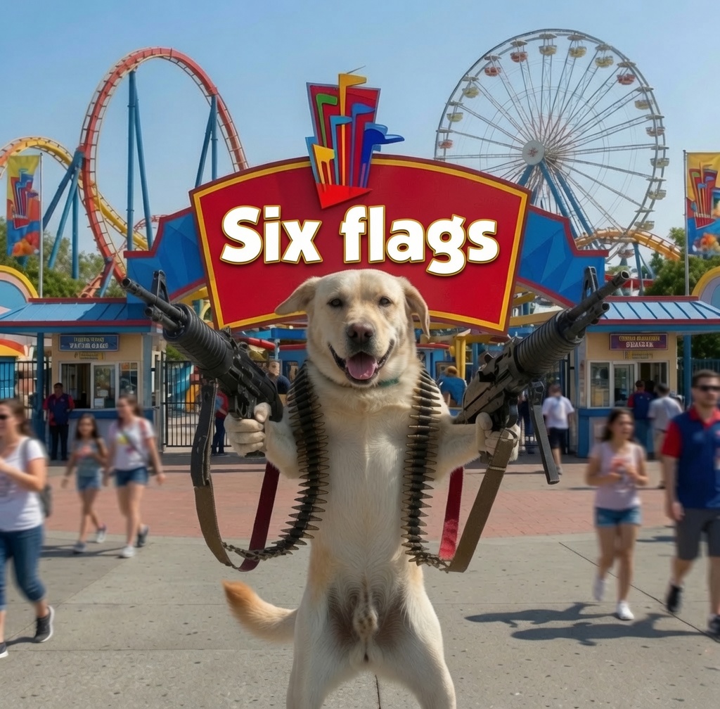 CHOPDOG standing at Six Flags in a fictional meme scene.