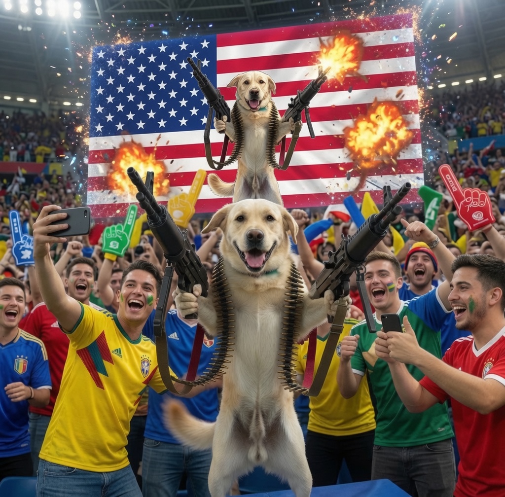 CHOPDOG leading a stadium crowd with fictional chopper energy.